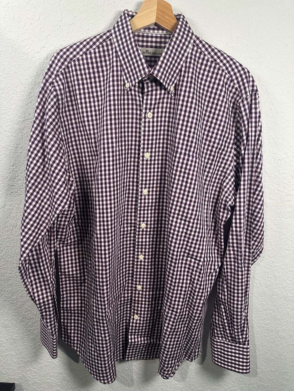 Peter Millar Men Large Purple White Gingham Check Long Sleeve Button Down Shirt